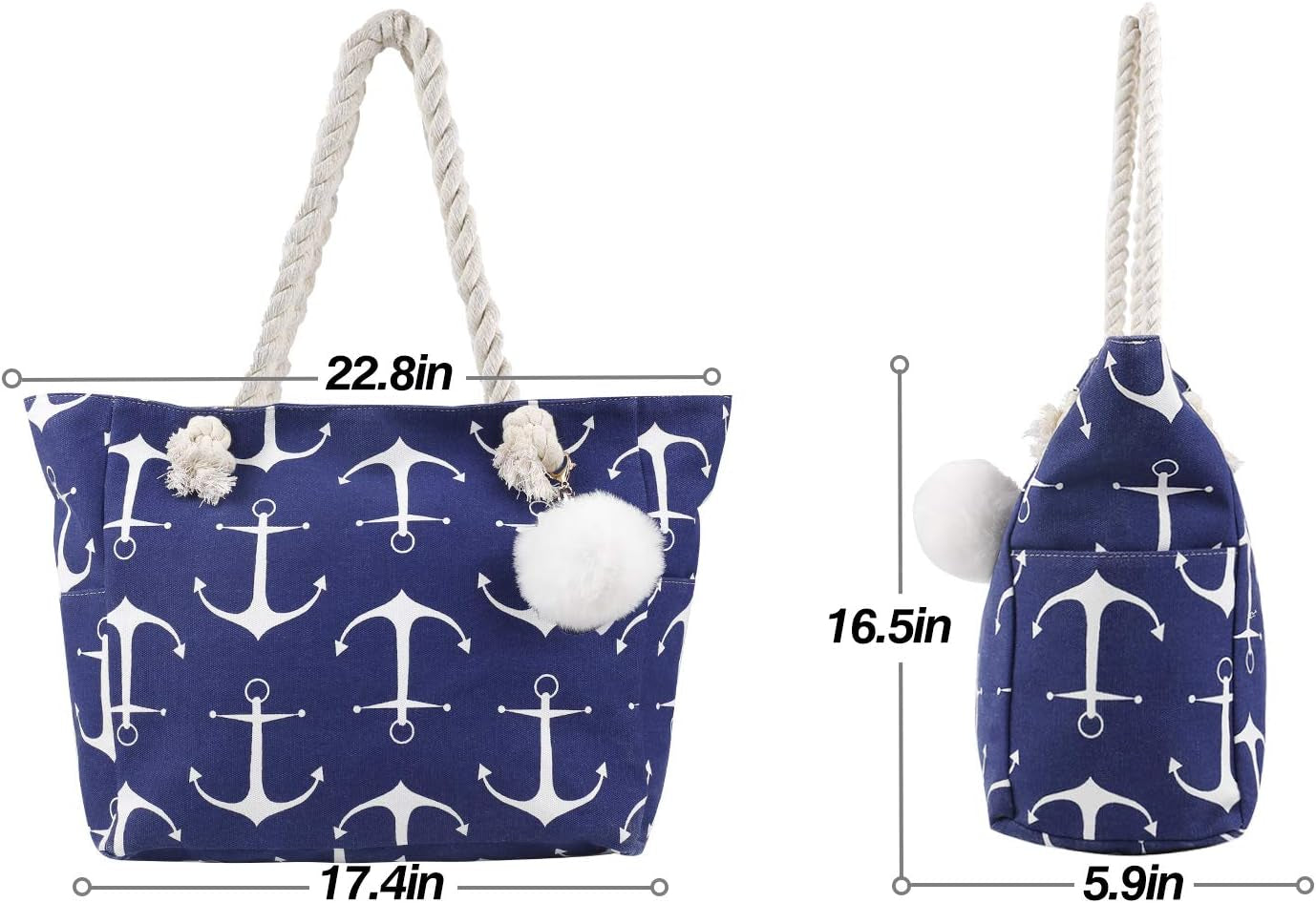 Women Large Beach Canvas Tote Bag with Zipper Pockets for Swim Pool Gym Hiking Picnic Travel