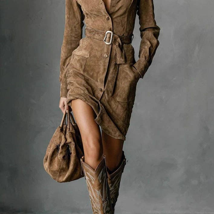 Suhkasana - Faux Suede Western Belted Mini Shirt Dress: Brown / S