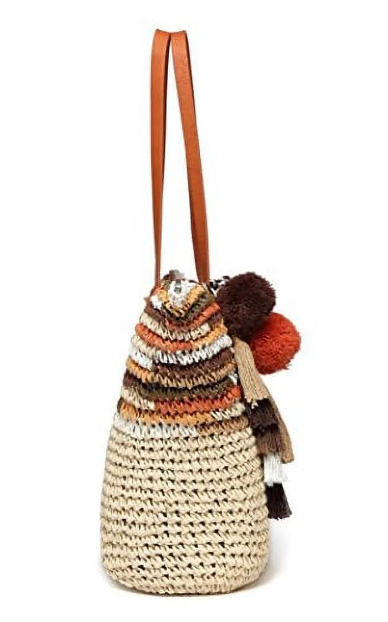 Large Straw Beach Tote Bag for Women with Pom Poms and Inner Pouch -Vegan Leather Handles (Brown Multi Color)