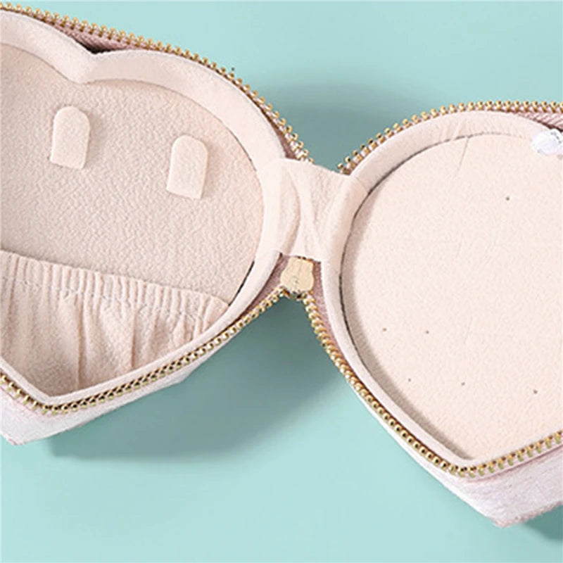 Heart Shape Jewelry Boxes Velvet Jewelry Case For Earrings Necklace Zippered Jewelry Boxes Household Clothing Accessory