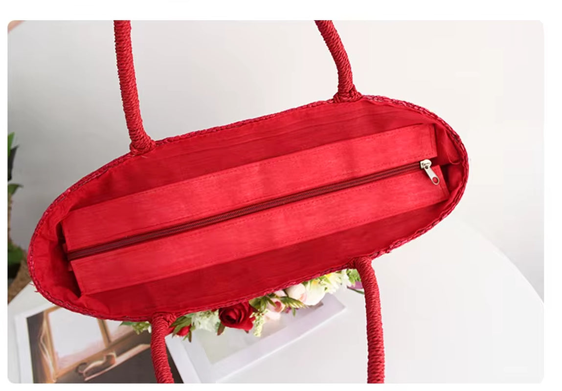 Red Rattan Flower Beach Bag Women Fashion Straw Summer Tote Multicolor Artificial Rose Lily Attached Handbag Hat Suit Vacation