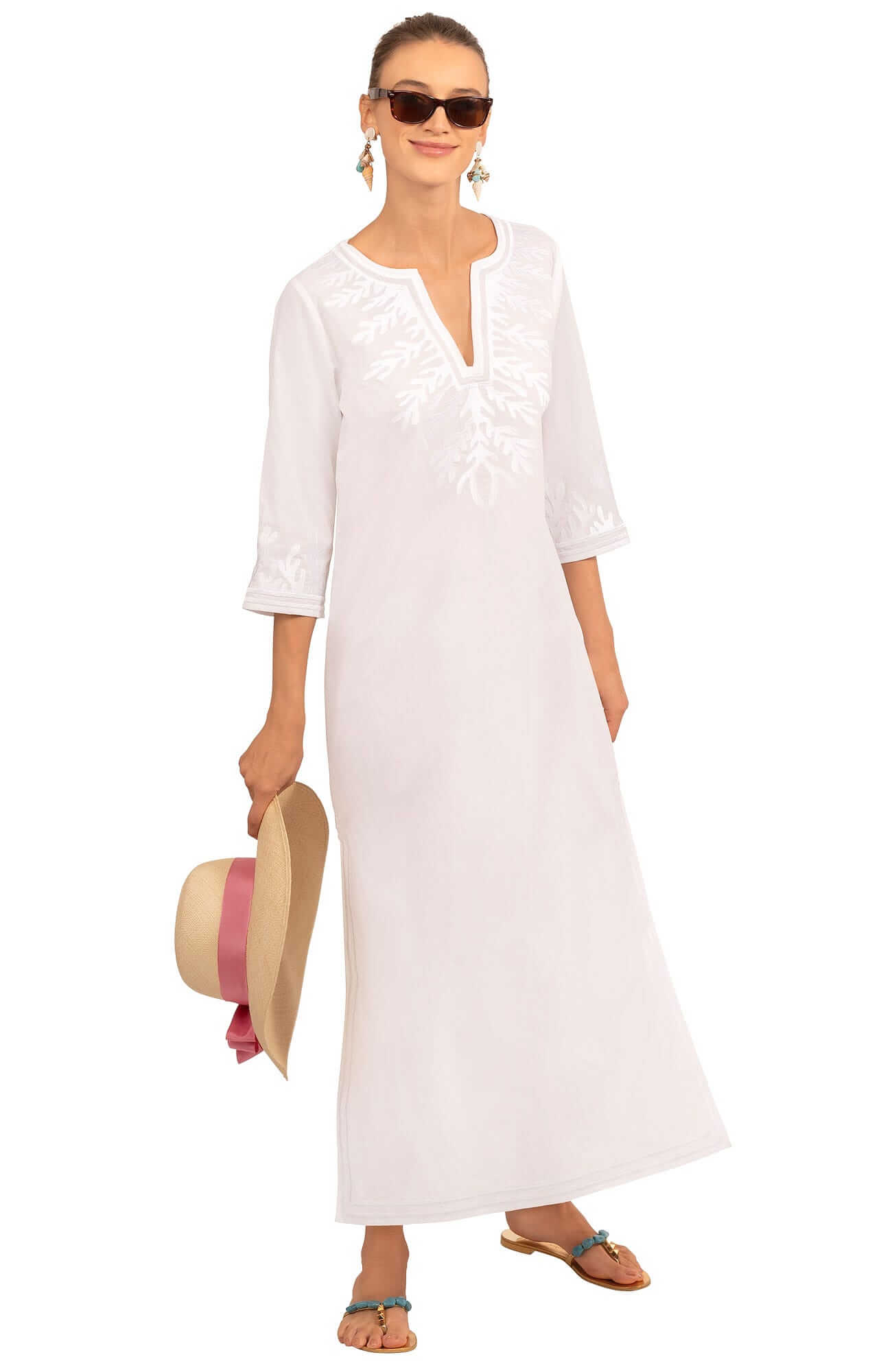 Gretchen Scott LLC - Wash / Wear Embroidered Caftan - The Reef: Coral/Turq / M