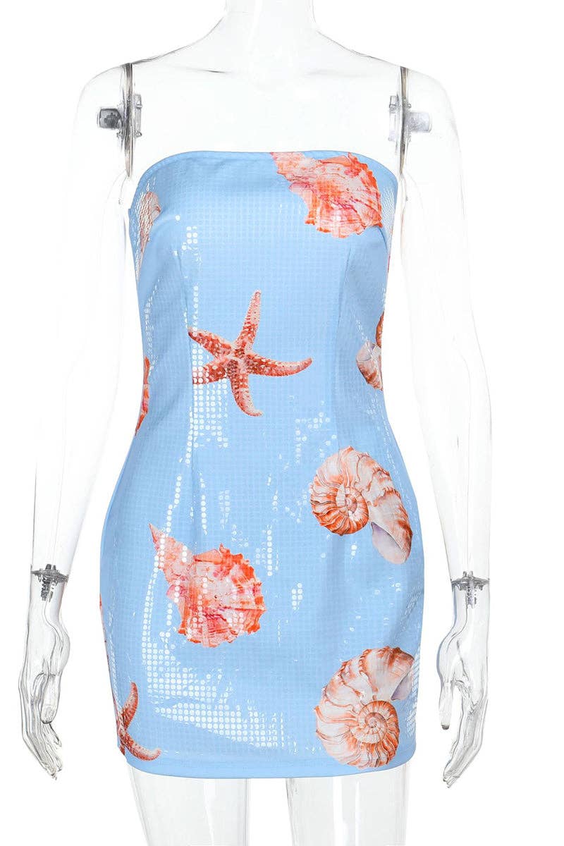 Mccolin - Strapless Starfish Print Dress: BEIGE / M