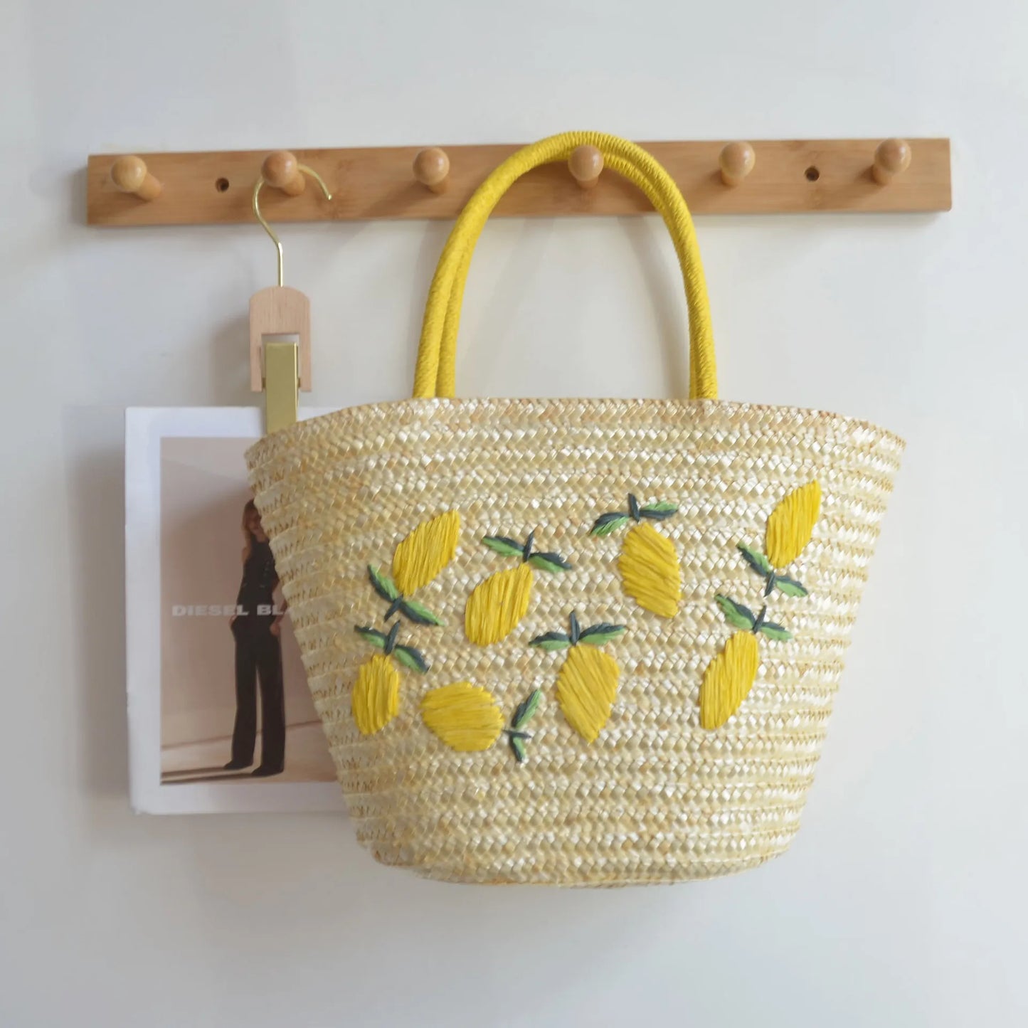 Large Capacity Summer Tote Bags For Women Lemon Pattern Embroidered Straw Bag Bohemian Beach Party Big Handbags Shoulder Bag