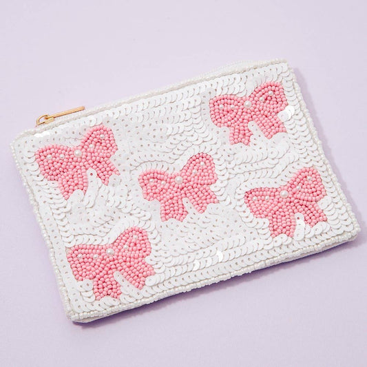 Collections by Fame Accessories - Pink Pearl Bead Ribbon Bow Mixed Beaded Coin Purse: MULTI