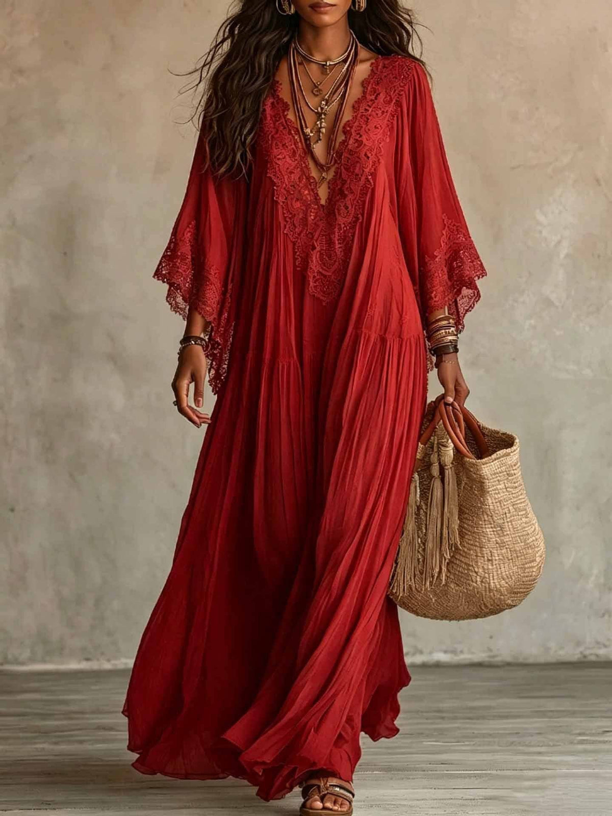Suhkasana - Women's Boho Lace Chiffon Long Sleeve Maxi Dress: White / 100%Polyester / S