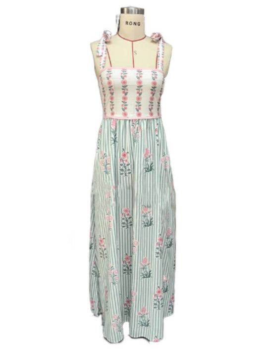 Rosa Clothing - 2025 Hanakotoba Floral flare swing dress w bow tie straps: Green / M