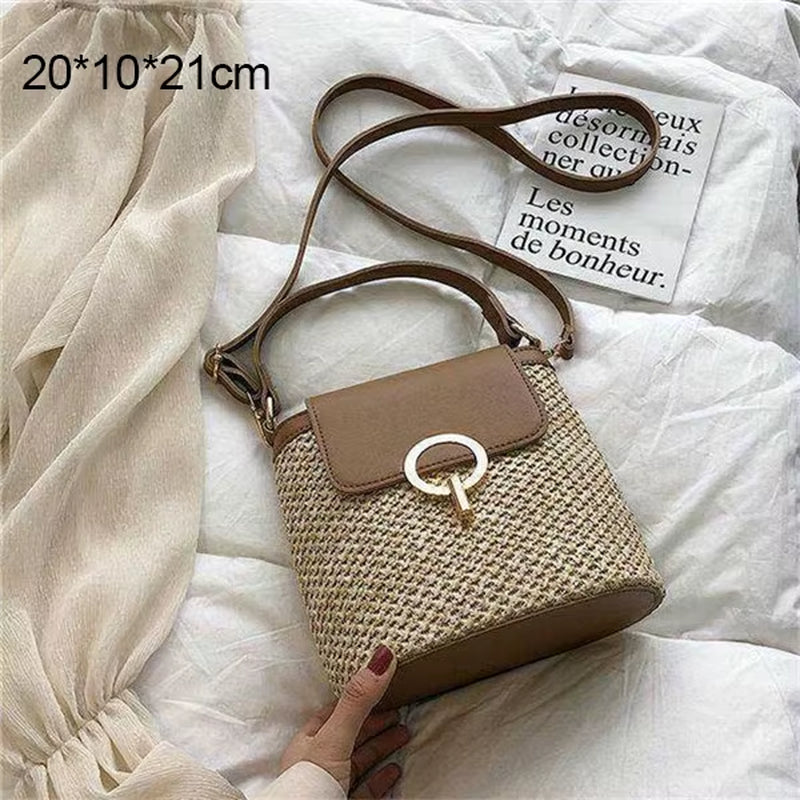 Woven Rattan Bag round Straw Shoulder Bag Small Beach Handbags Women Summer Hollow Handmade Messenger Crossbody Bags