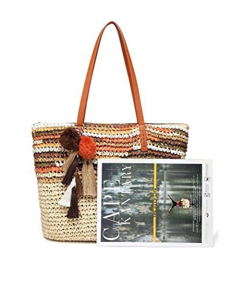 Large Straw Beach Tote Bag for Women with Pom Poms and Inner Pouch -Vegan Leather Handles (Brown Multi Color)