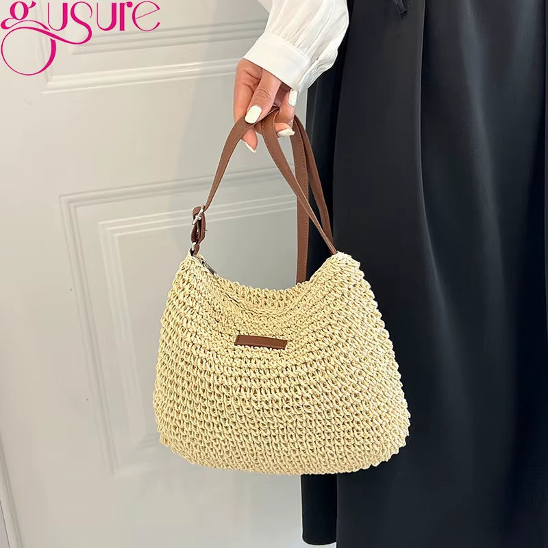 Woven Rattan Bag round Straw Shoulder Bag Small Beach Handbags Women Summer Hollow Handmade Messenger Crossbody Bags