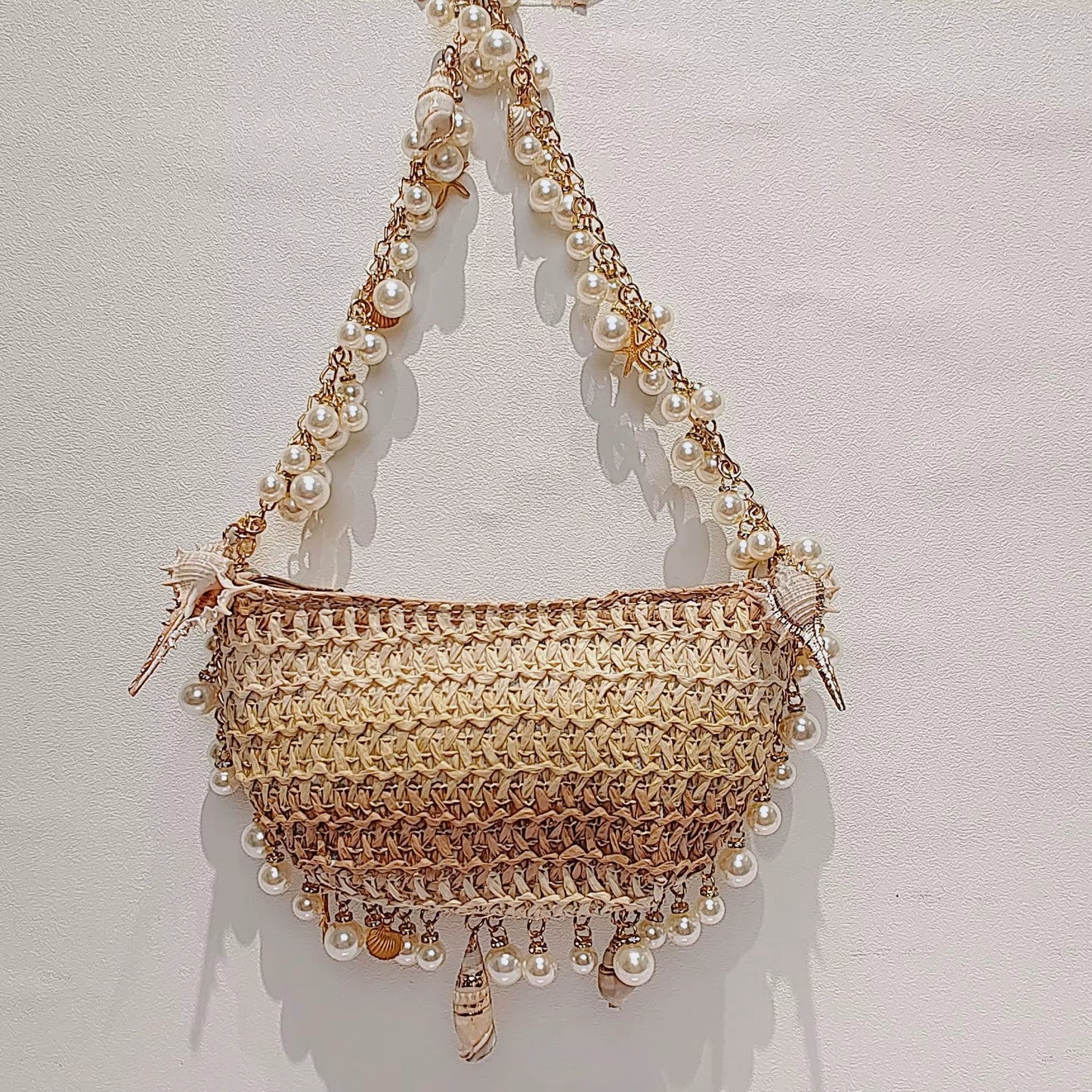 Bohemian Pearls Straw Bag Conch Starfish Women Handbags Half Moon Beach Shoulder Bag Designer Rattan Crossbody Bags Ladies Tote