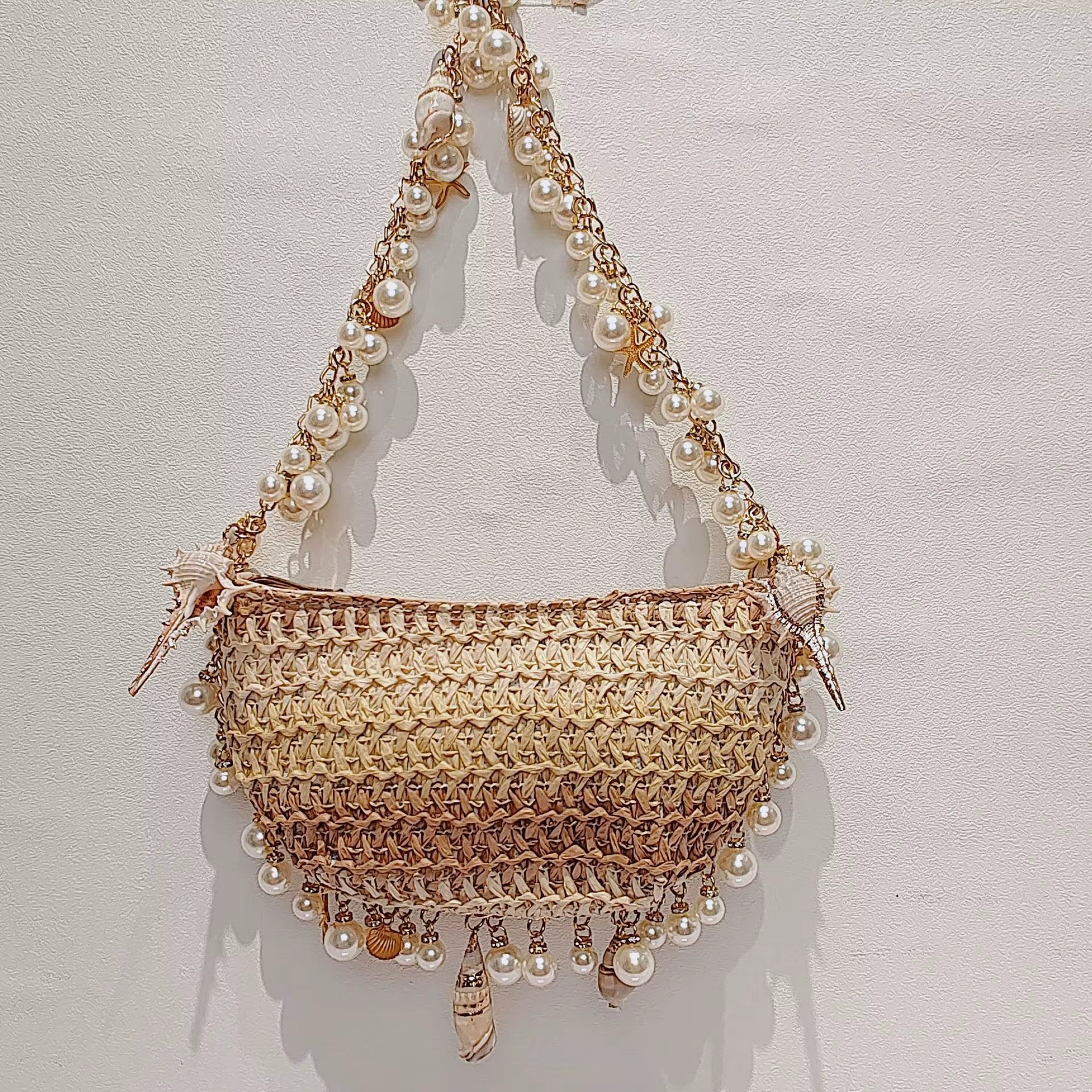 Bohemian Pearls Straw Bag Conch Starfish Women Handbags Half Moon Beach Shoulder Bag Designer Rattan Crossbody Bags Ladies Tote