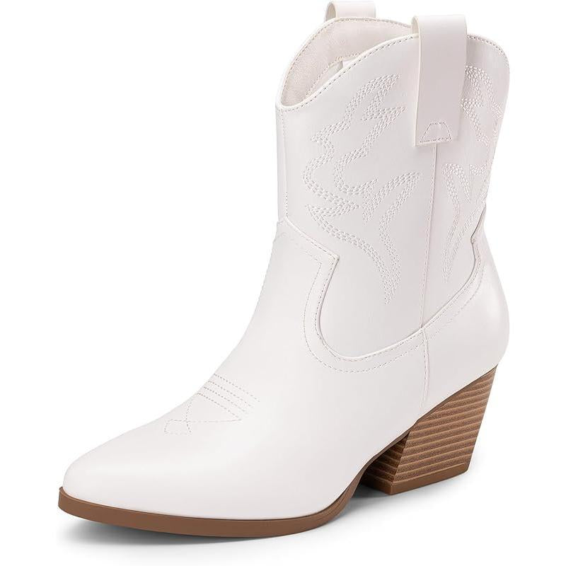 Women'S Cowboy Cowgirl Boots Embroidered Stitched Short Western Boots Low Chunky Heel Pointed Toe Ankle Booties