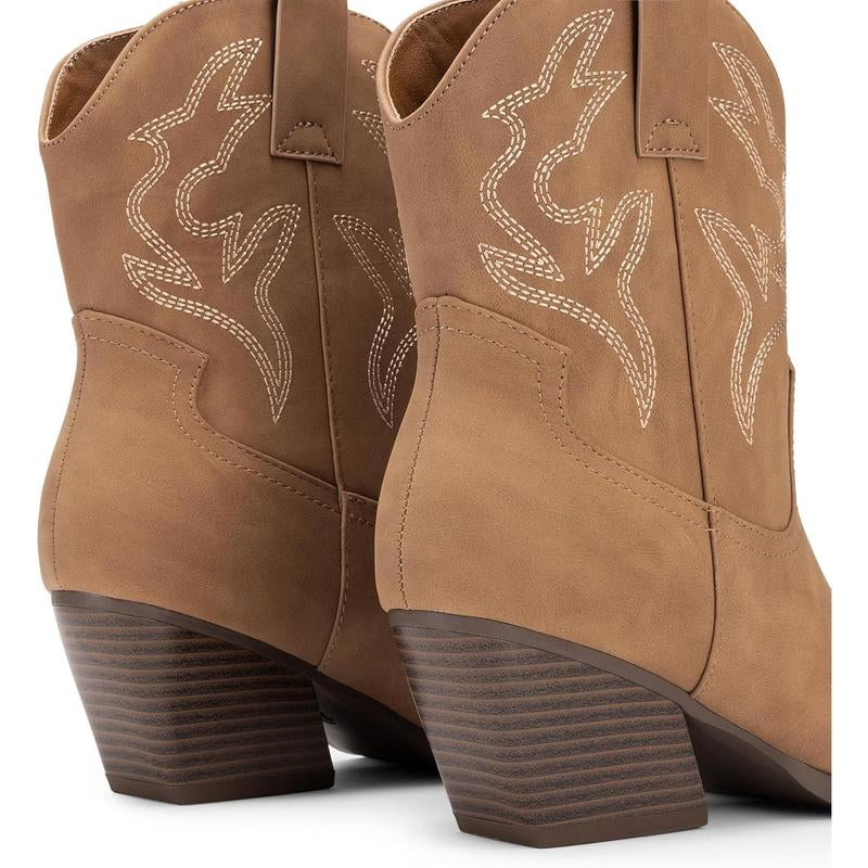 Women'S Cowboy Cowgirl Boots Embroidered Stitched Short Western Boots Low Chunky Heel Pointed Toe Ankle Booties