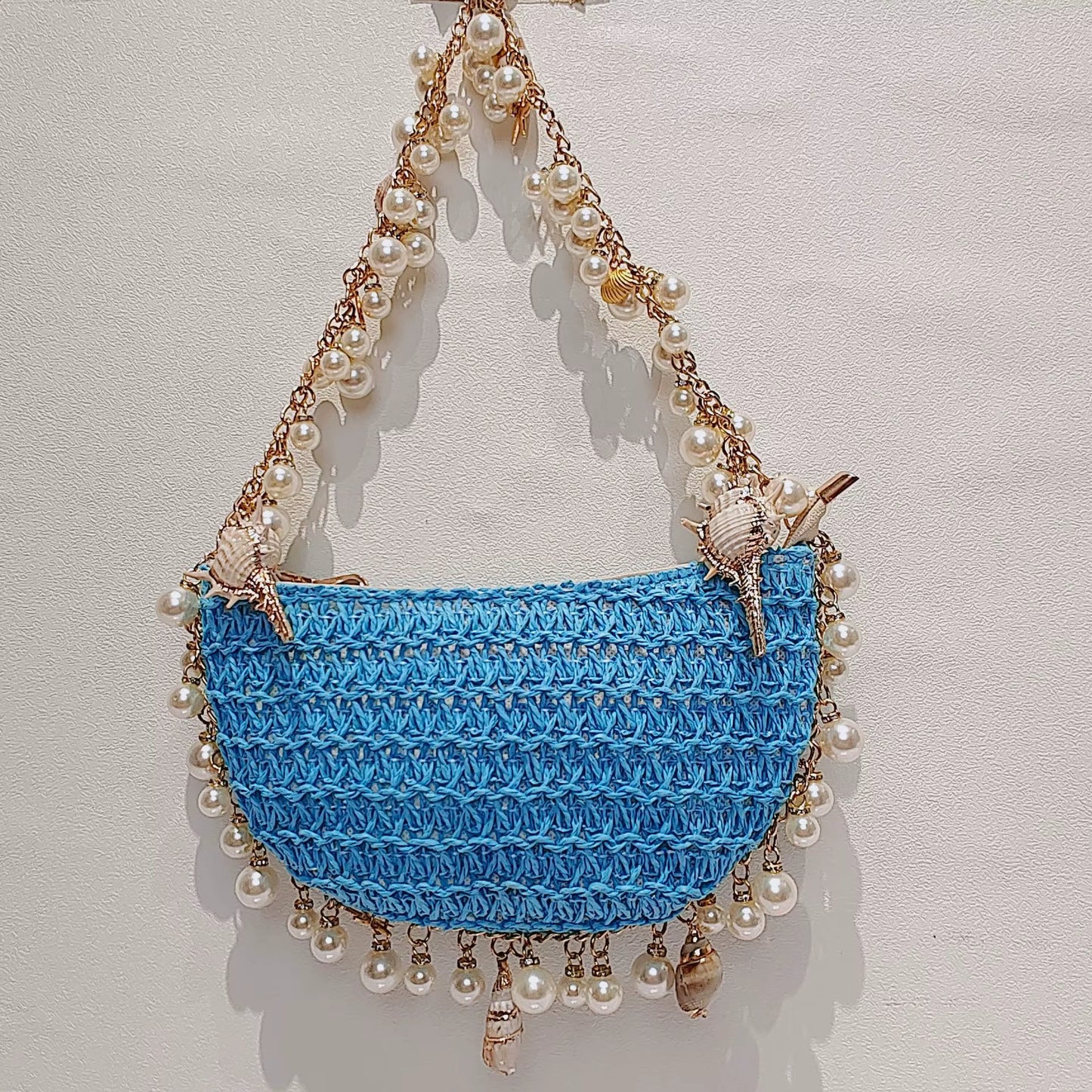 Bohemian Pearls Straw Bag Conch Starfish Women Handbags Half Moon Beach Shoulder Bag Designer Rattan Crossbody Bags Ladies Tote