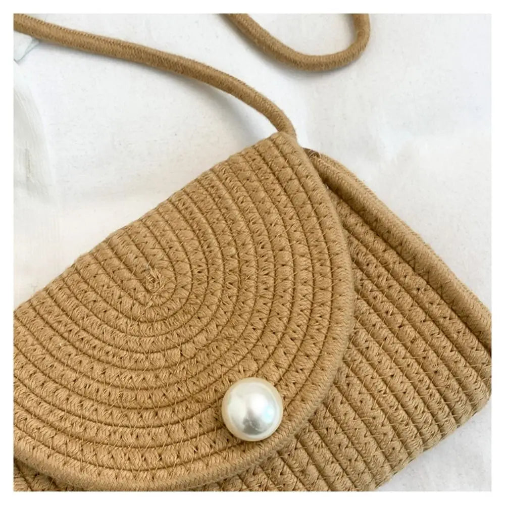 Simple Hollow Weave Straw Bag Beach Handbag Bohemian Style Beach Bag Cotton Rope Large Capacity Raffia Shoulder Bag Travel