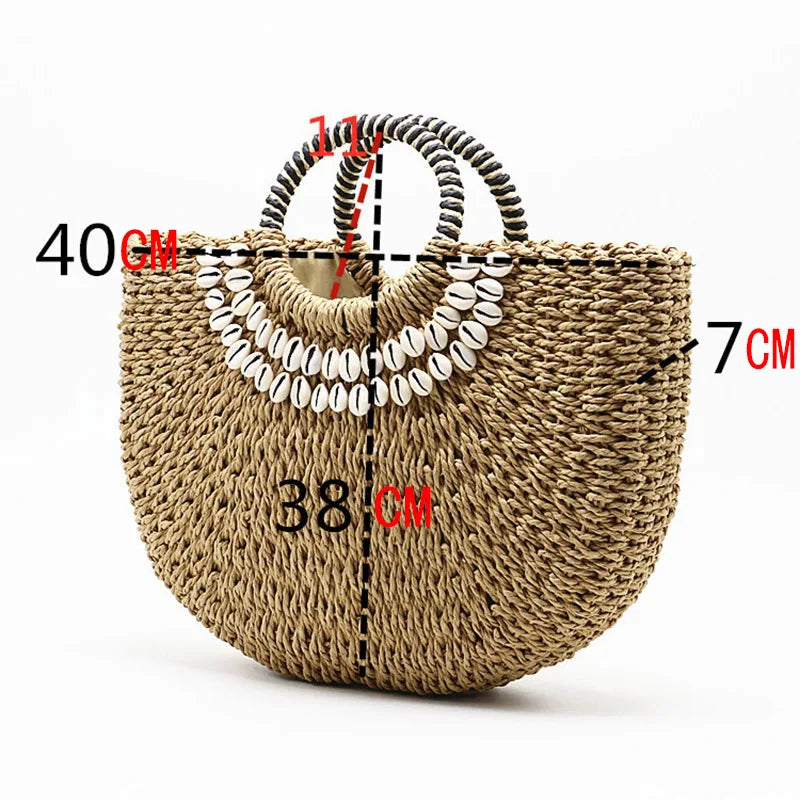 Women's Handbag Handmade Drawstring Straw Bag Summer Woven Shell Large Capacity Beach Bag Bohemia Female Knitted Top-Handle Tote
