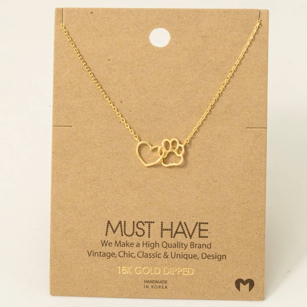 Fame Accessories - Gold Dipped Dog Paw Heart Cutout Pendant Necklace: R