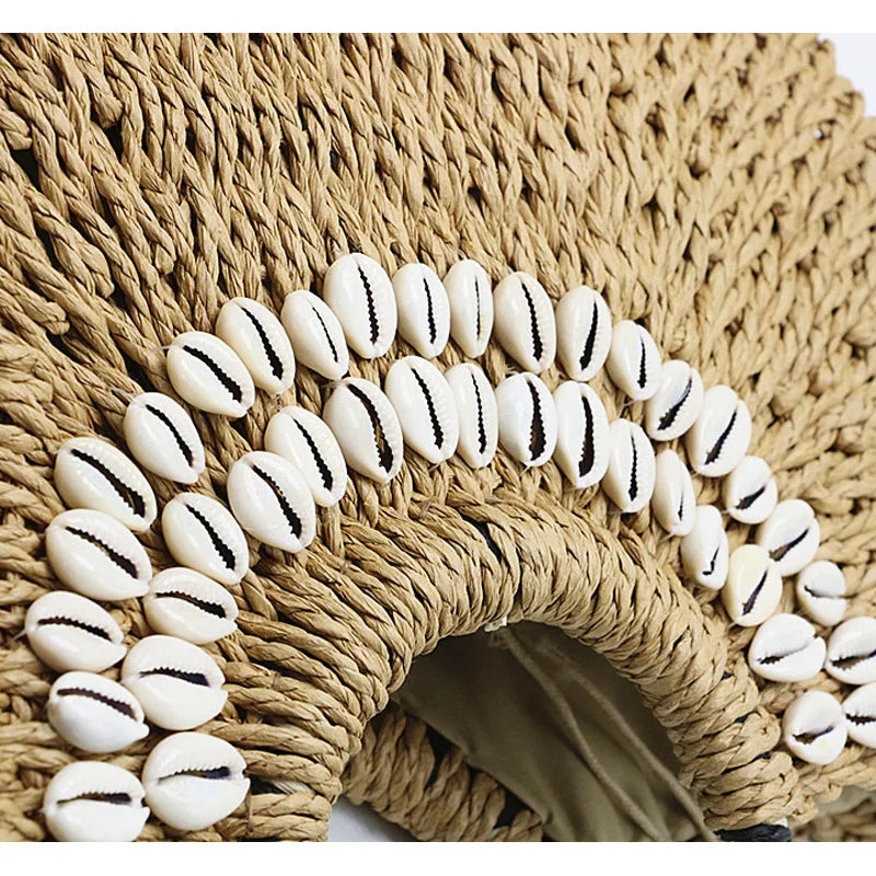 Women's Handbag Handmade Drawstring Straw Bag Summer Woven Shell Large Capacity Beach Bag Bohemia Female Knitted Top-Handle Tote