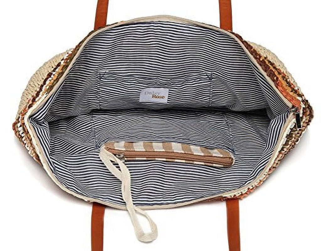 Large Straw Beach Tote Bag for Women with Pom Poms and Inner Pouch -Vegan Leather Handles (Brown Multi Color)