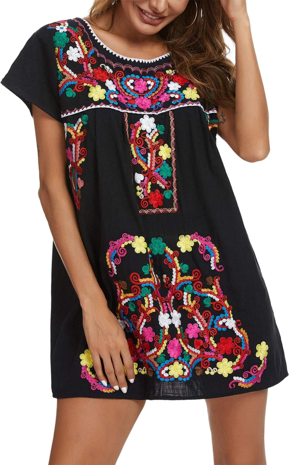 Vibrant Women's Short Sleeve Mexican Embroidered Dress