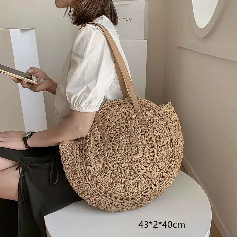 Woven Rattan Bag round Straw Shoulder Bag Small Beach Handbags Women Summer Hollow Handmade Messenger Crossbody Bags