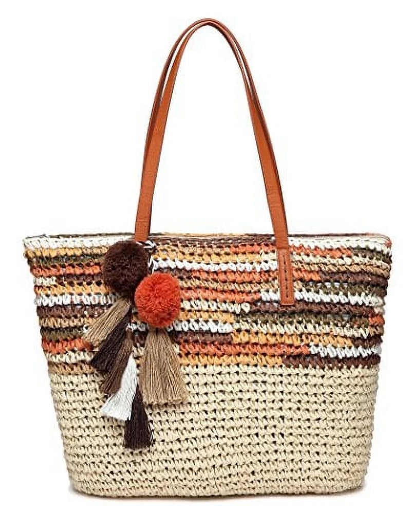 Large Straw Beach Tote Bag for Women with Pom Poms and Inner Pouch -Vegan Leather Handles (Brown Multi Color)