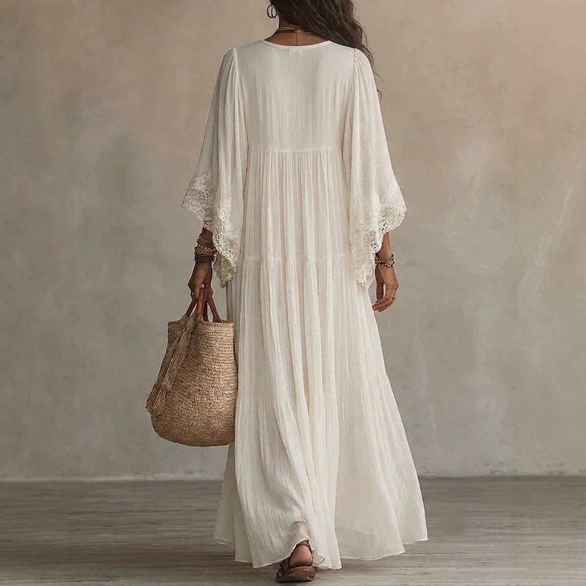 Suhkasana - Women's Boho Lace Chiffon Long Sleeve Maxi Dress: White / 100%Polyester / S