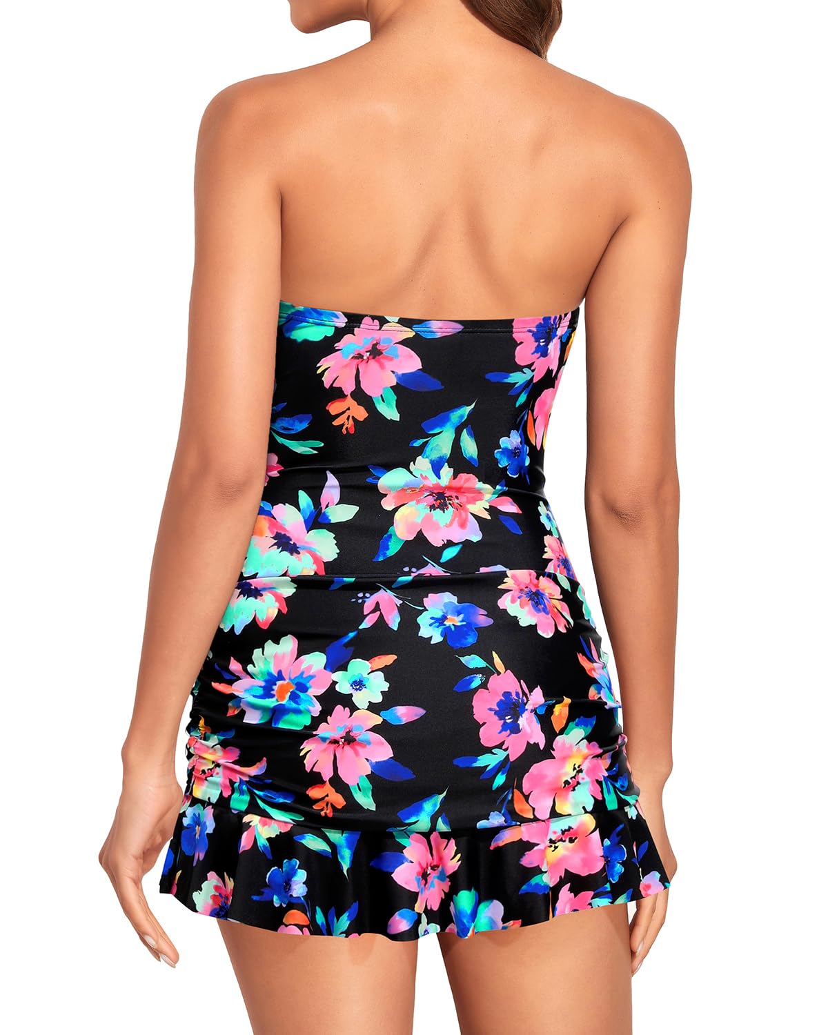 Holipick Women's Tummy Control One Piece Swim Dress Strapless Swimsuit Bandeau Skirted Bathing Suits