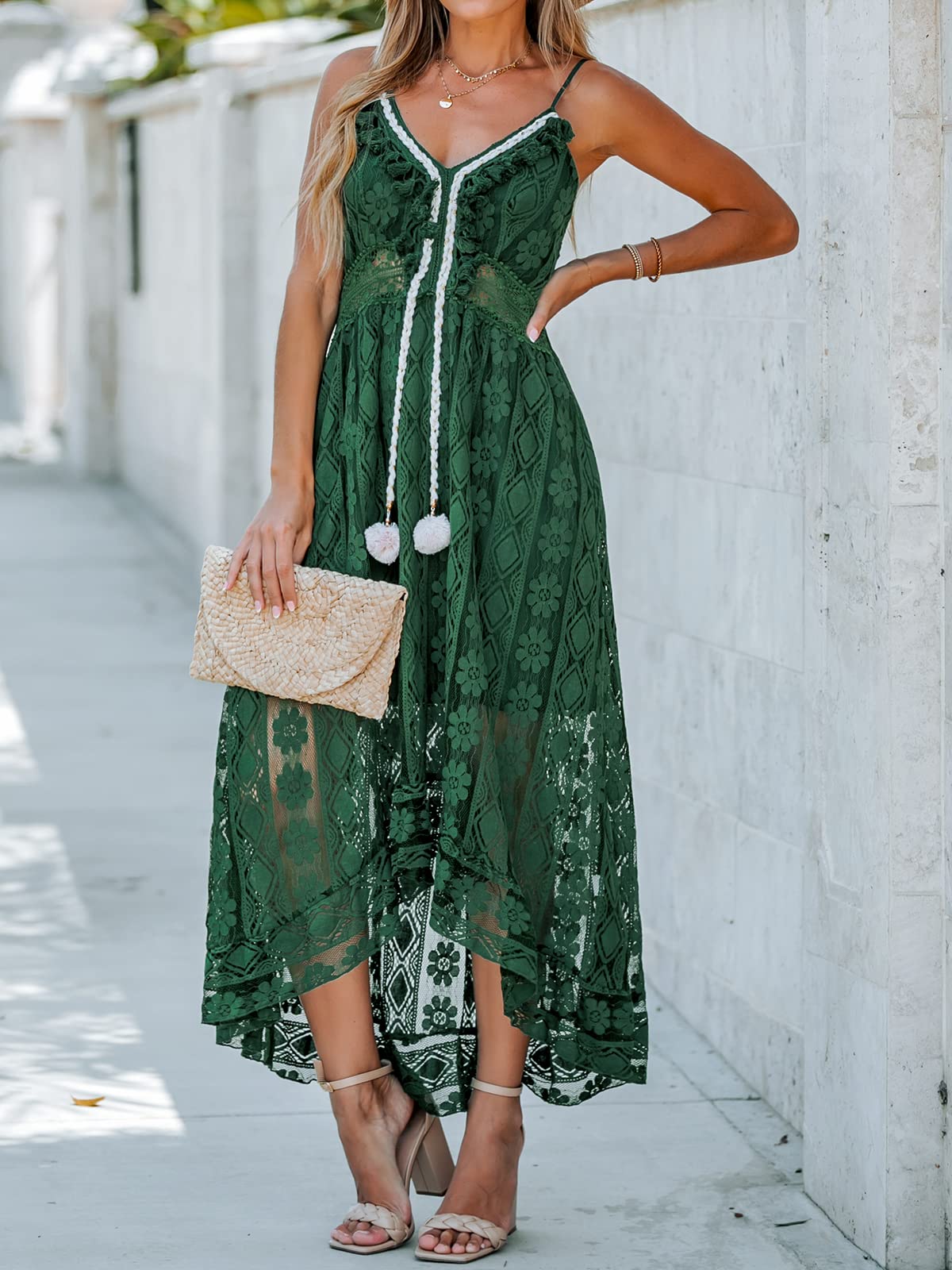 CUPSHE Women's Summer Dresses Sleeveless Lace Casual Tassel Beach Spaghetti Straps Flowy Maxi Sun Dress