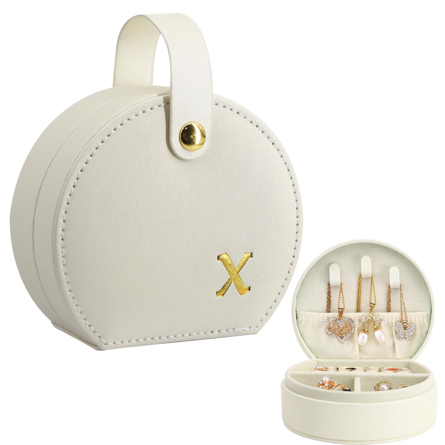 COLLECTIVE HOME - Travel Jewelry Case, Elegant Half-Moon Design with Gold Monogram, Detachable Handle, Personalized Accessory Organizer, Gift for Fashion-Forward Women and Teens (s)