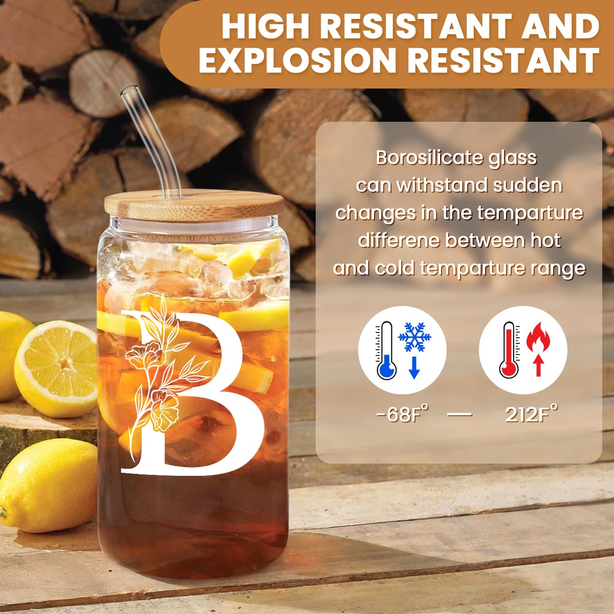 SANDJEST Monogrammed Gifts for Women - Monogram D Initial Glass Cup 16 Oz Can Coffee Cups with Lid and Straw - Monogram Initials Gifts for Womens on Birthday