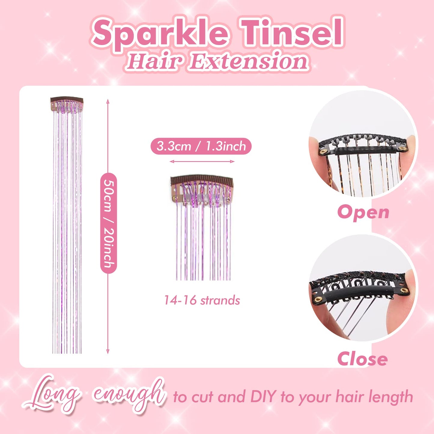 Clip in Hair Tinsel, POROLIR 6Pcs Glitter Fairy Tinsel Hair Extensions 20 Inch Shiny Hair Tinsel Heat Resistant, Sparkly Strands Hair Accessories, Festival Gift for Women Girls Kids (Silver)