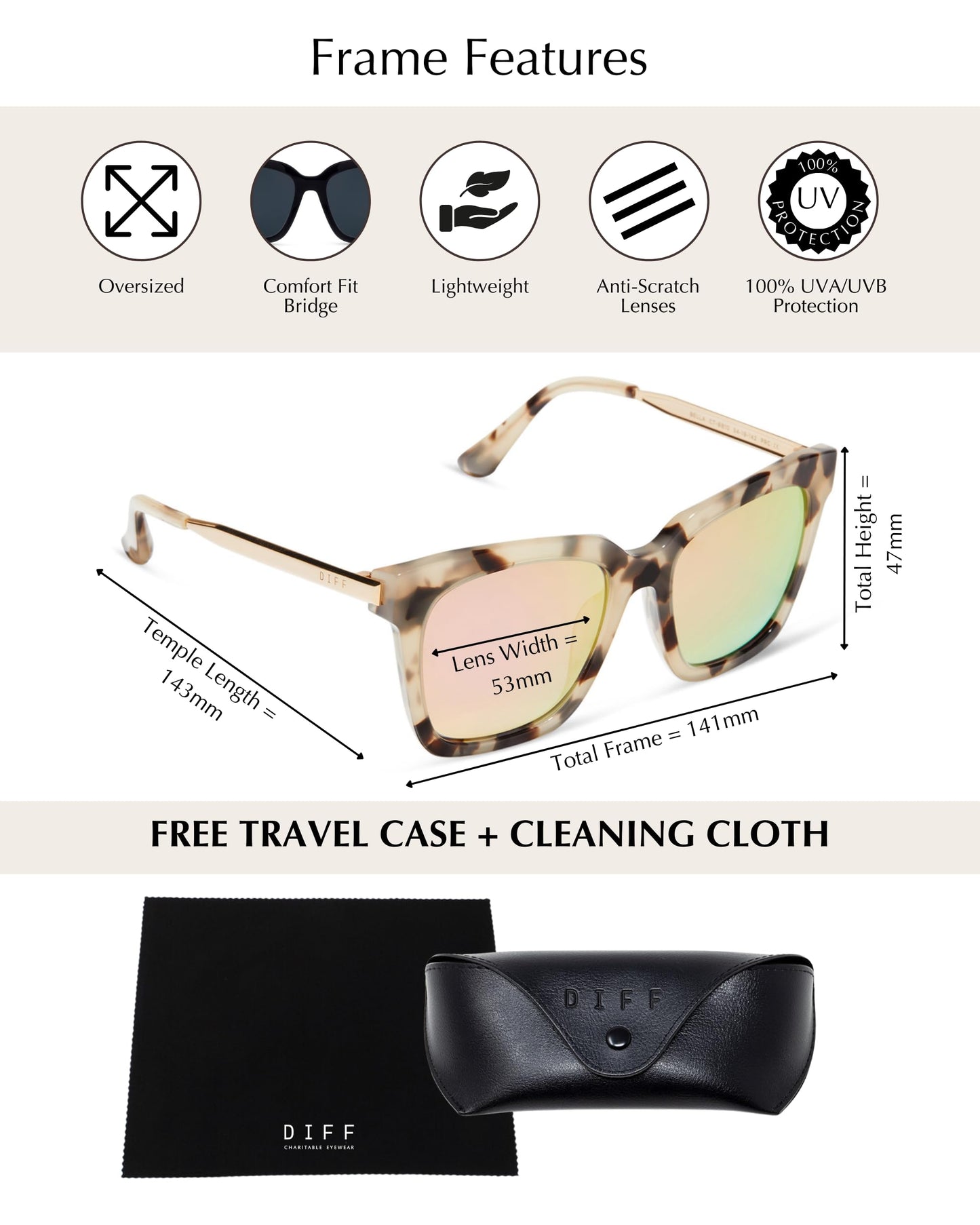 DIFF Bella Designer Square Oversized Sunglasses for Women UV400 Protection, Tortoise frame w/giftable travel case