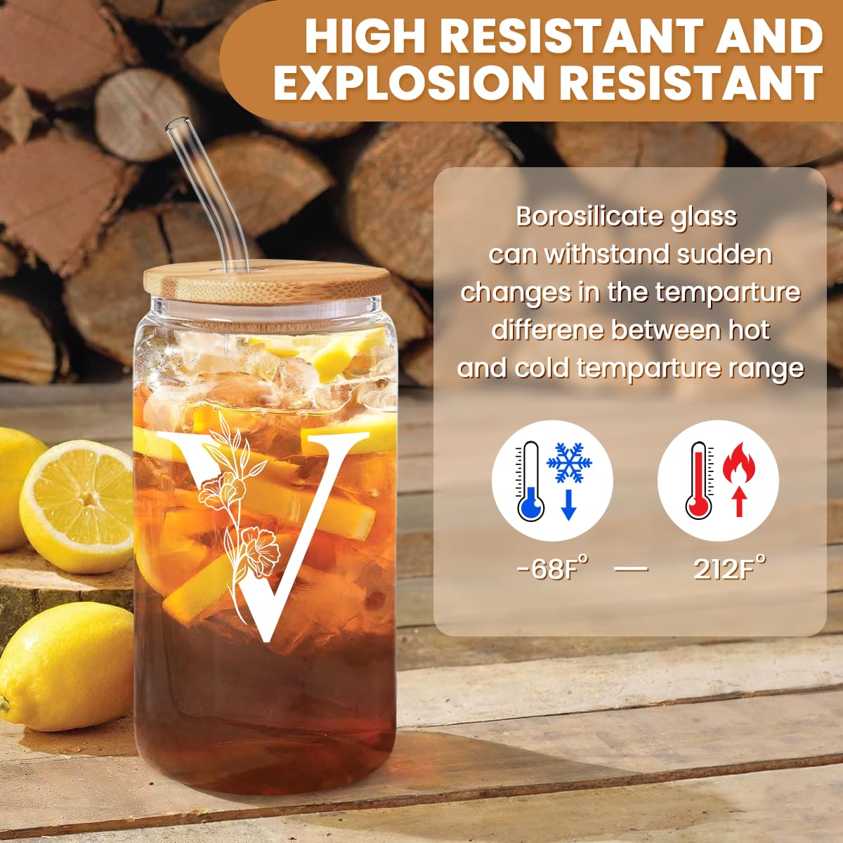 SANDJEST Monogrammed Gifts for Women - Monogram D Initial Glass Cup 16 Oz Can Coffee Cups with Lid and Straw - Monogram Initials Gifts for Womens on Birthday