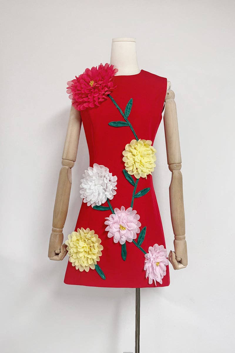 Mccolin - Floral Appliqué Vacation Dress: YELLOW / M
