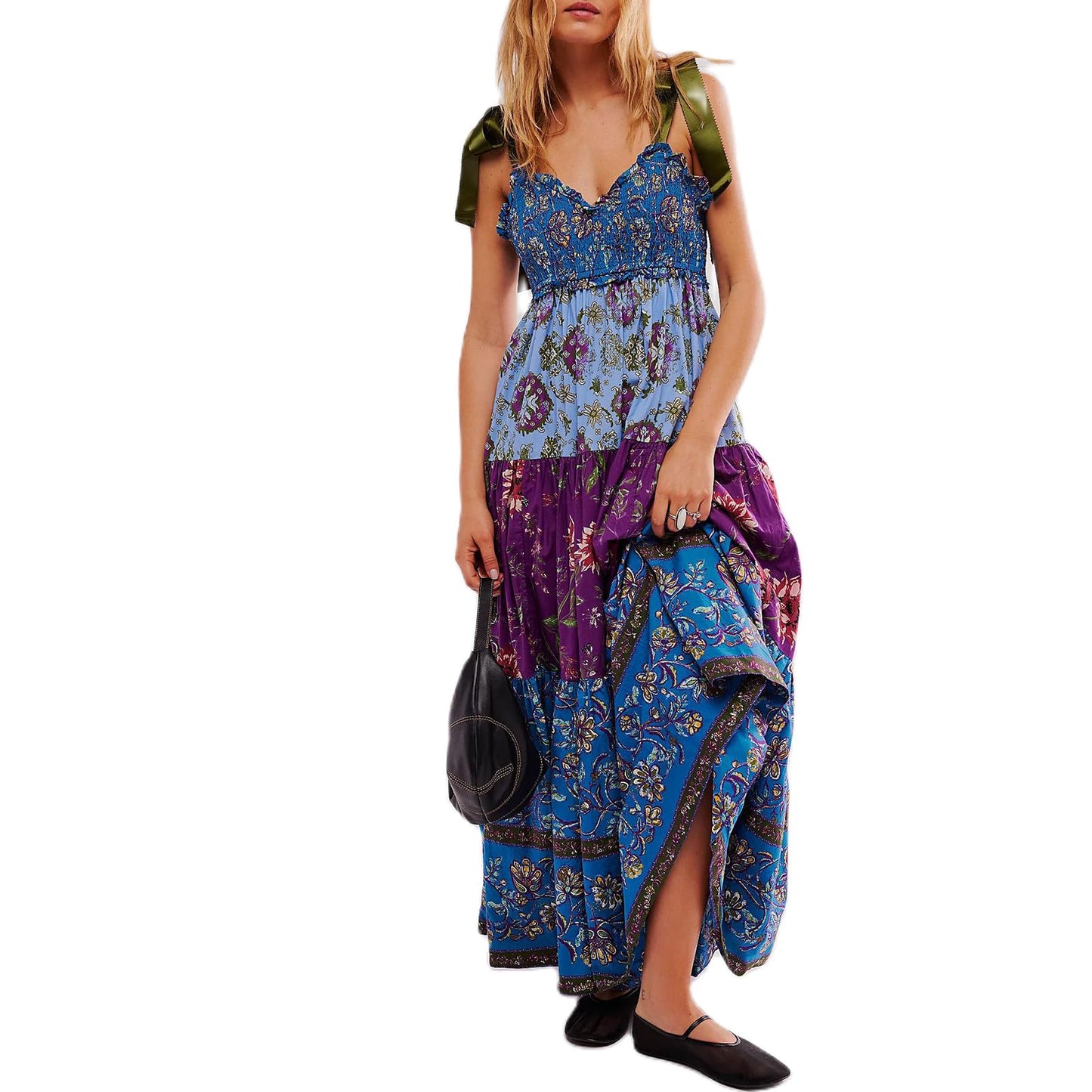 Women Summer Dresses Flowy Smocked Maxi Dress Sleeveless Tie Shoulder Boho Dresses Y2K Floral Beach Sundresses