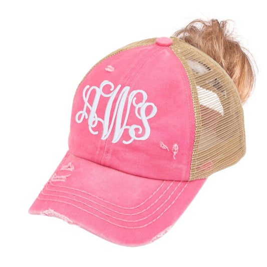 Monogrammed Criss Cross Ponytail Messy Bun Hat Cap with Monogram Initials, Pink or More, Embroidered Choose Font, Custom Personalized Handmade Gift Birthday Christmas Mom Wife, Sewn On CC Base