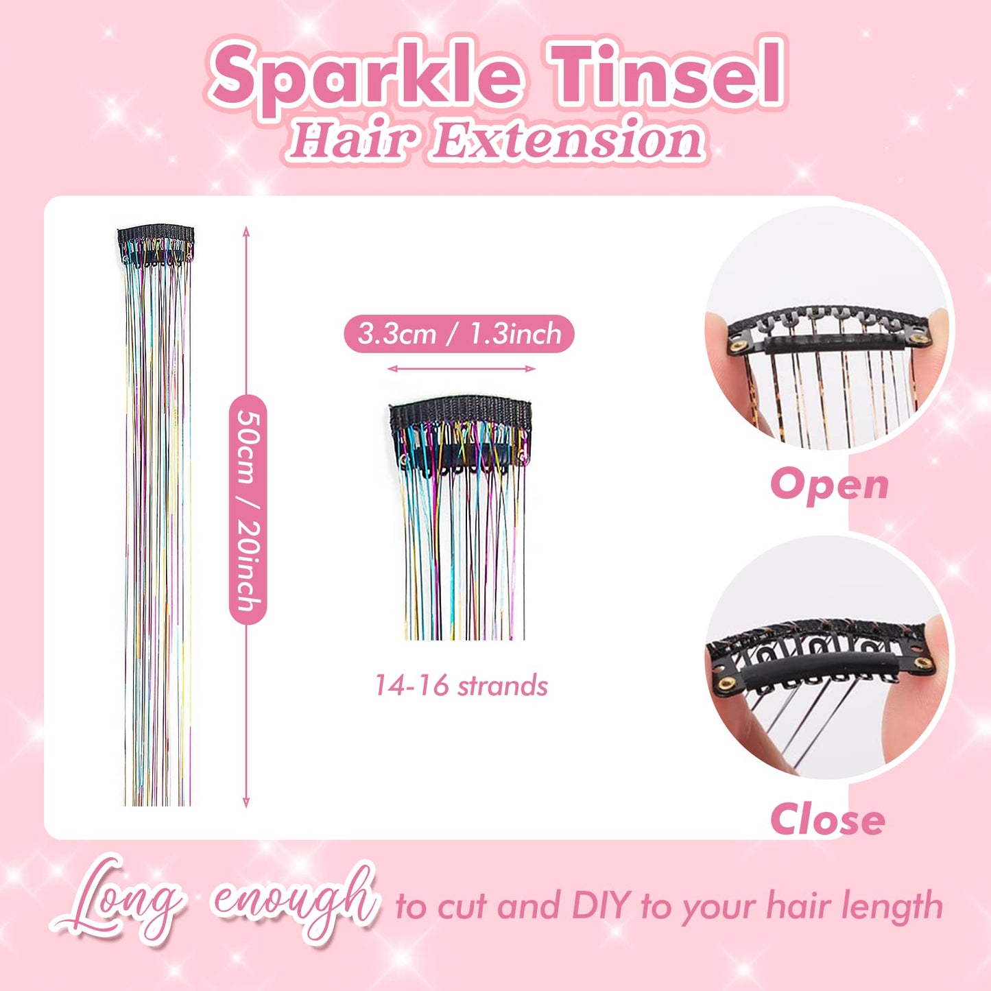 Clip in Hair Tinsel, POROLIR 6Pcs Glitter Fairy Tinsel Hair Extensions 20 Inch Shiny Hair Tinsel Heat Resistant, Sparkly Strands Hair Accessories, Festival Gift for Women Girls Kids (Silver)