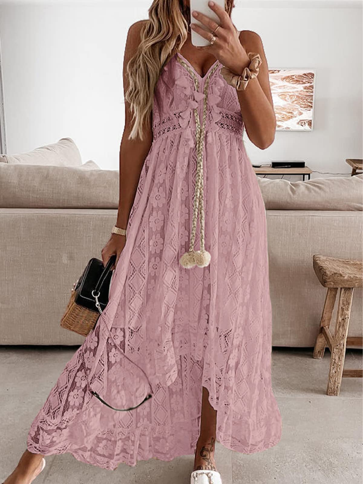 CUPSHE Women's Summer Dresses Sleeveless Lace Casual Tassel Beach Spaghetti Straps Flowy Maxi Sun Dress