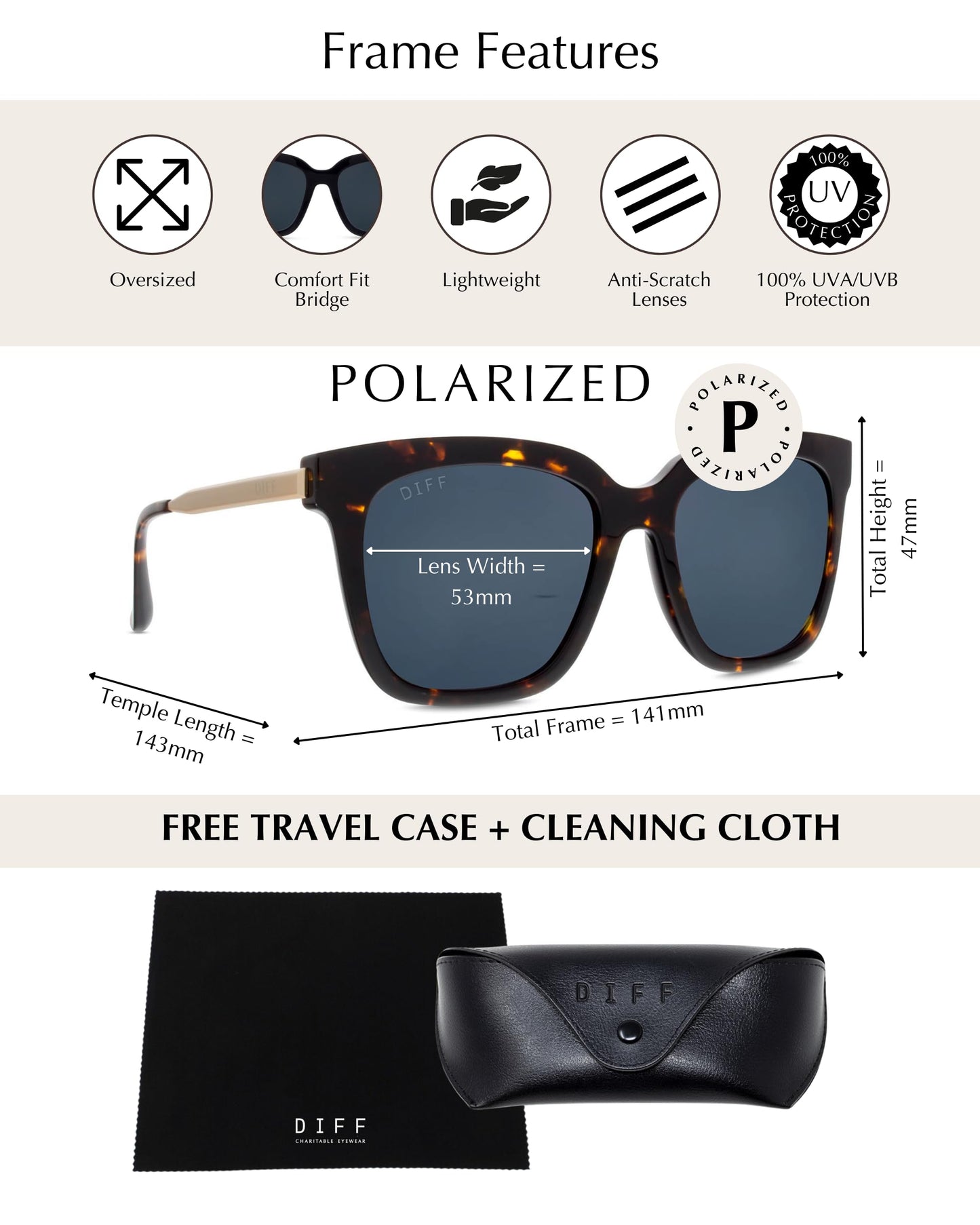 DIFF Bella Designer Square Oversized Sunglasses for Women UV400 Protection, Tortoise frame w/giftable travel case