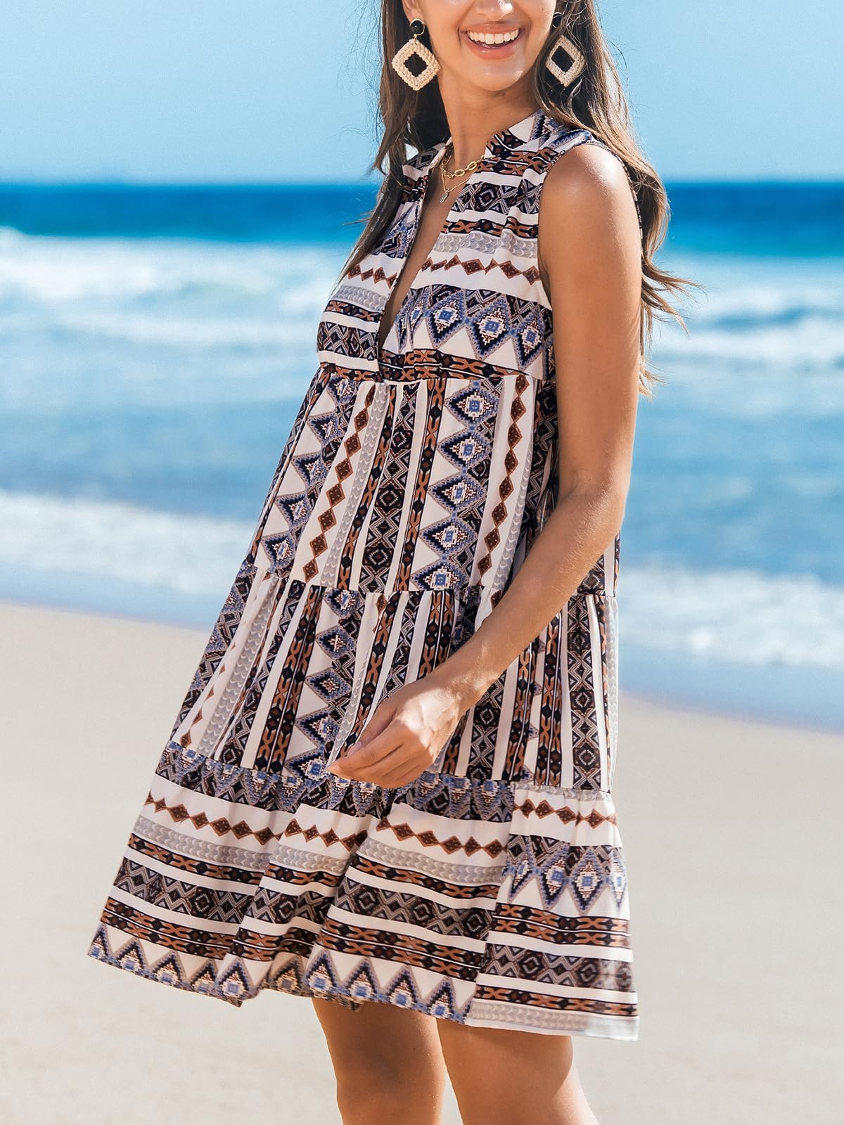 CUPSHE Women's Ruffle Beach Mini Dress Split V Neck A Line Sleeveless Geometric Stripe Tropical Leaf Pattern Summer Dresses