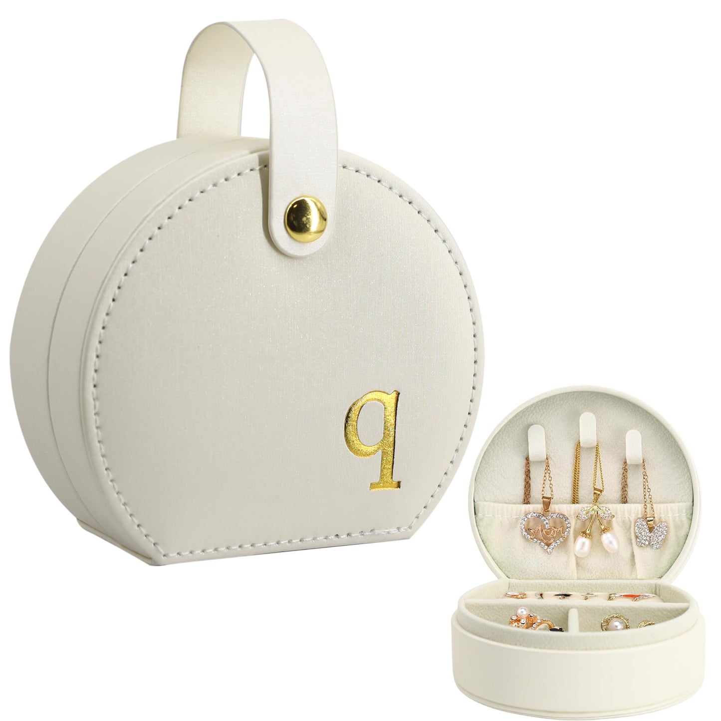 COLLECTIVE HOME - Travel Jewelry Case, Elegant Half-Moon Design with Gold Monogram, Detachable Handle, Personalized Accessory Organizer, Gift for Fashion-Forward Women and Teens (s)