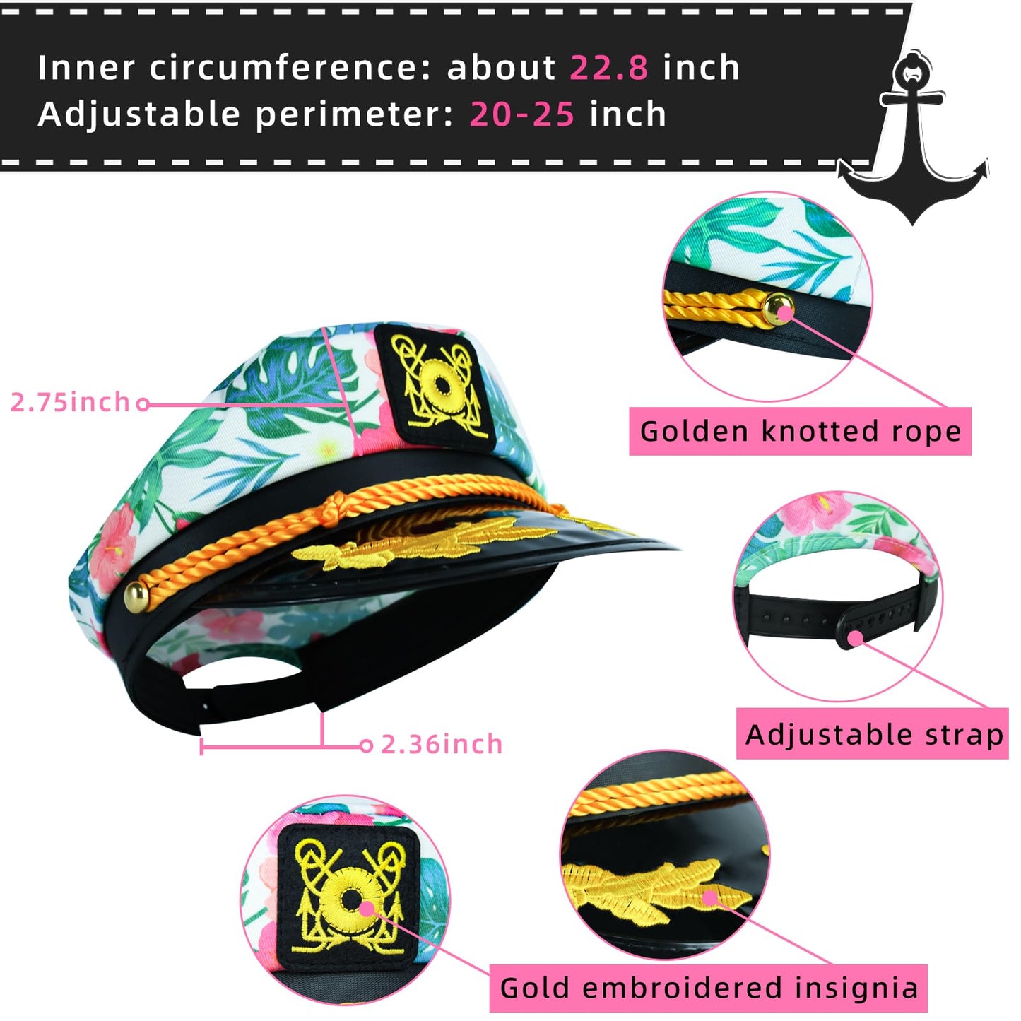 dodowin Captain Hat for Men Women Adjustable Sailor Hats Boat Cruise Yacht Rock Party Costume Beach Essential Hawaiian Outfit