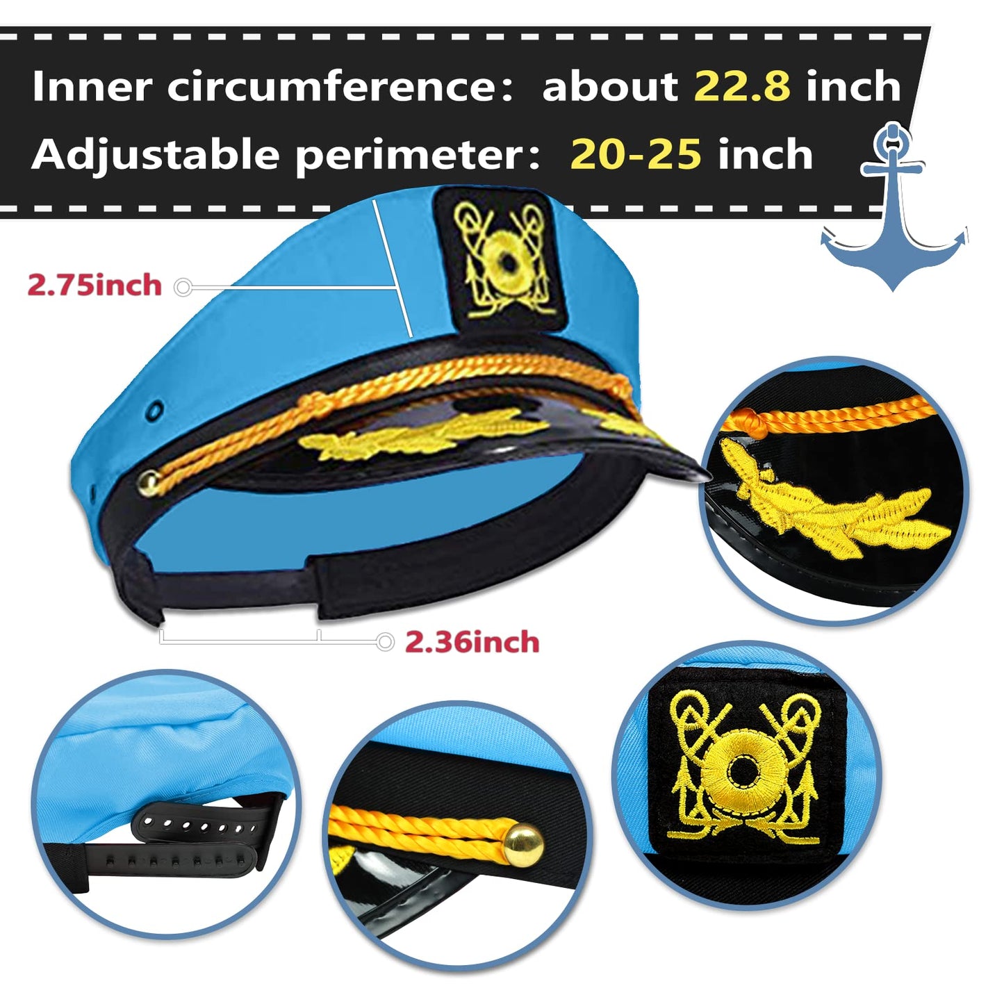 dodowin Captain Hat for Men Women Adjustable Sailor Hats Boat Cruise Yacht Rock Party Costume Beach Essential Hawaiian Outfit