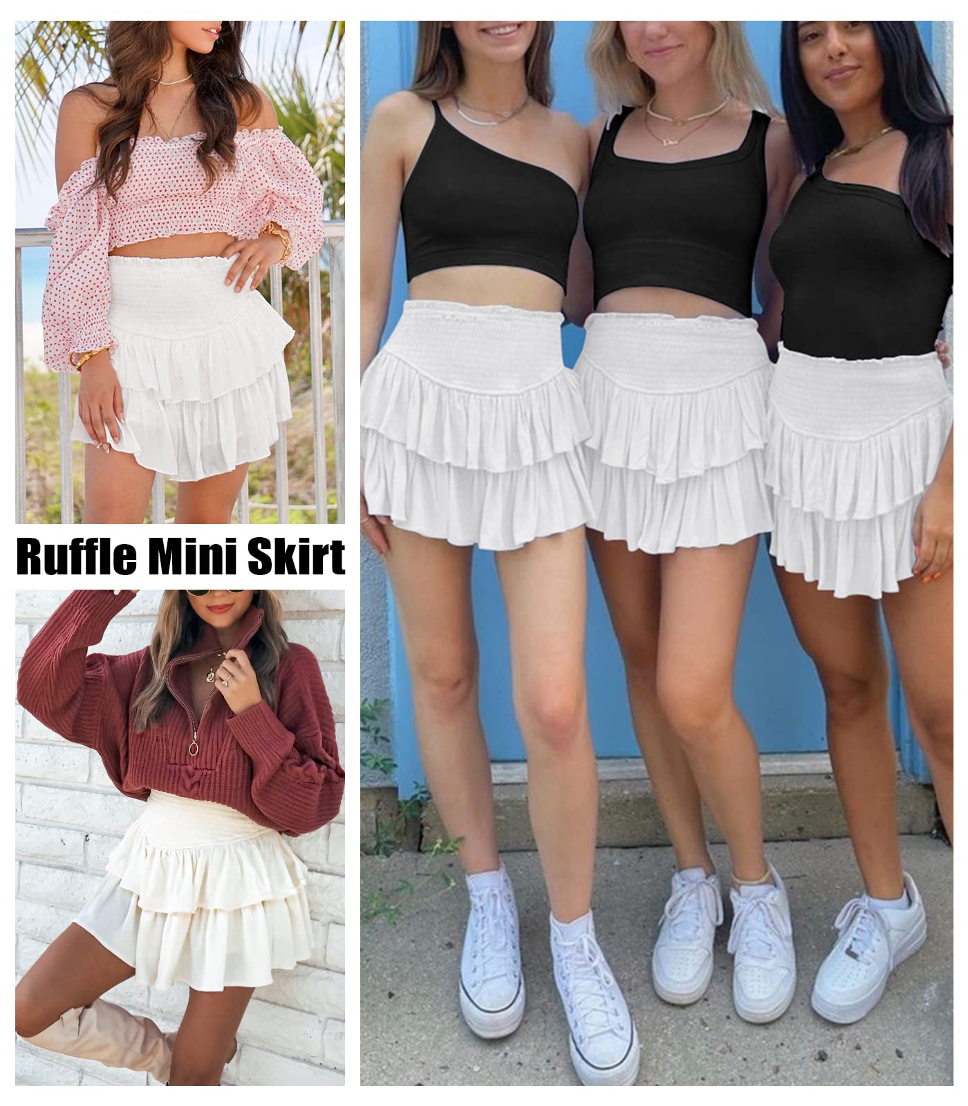 Women's Cute High Waist Ruffle Mini Skirt Layered Ruffle Hem Flared Flowy Casual Swing Beach Mini Short Skirt