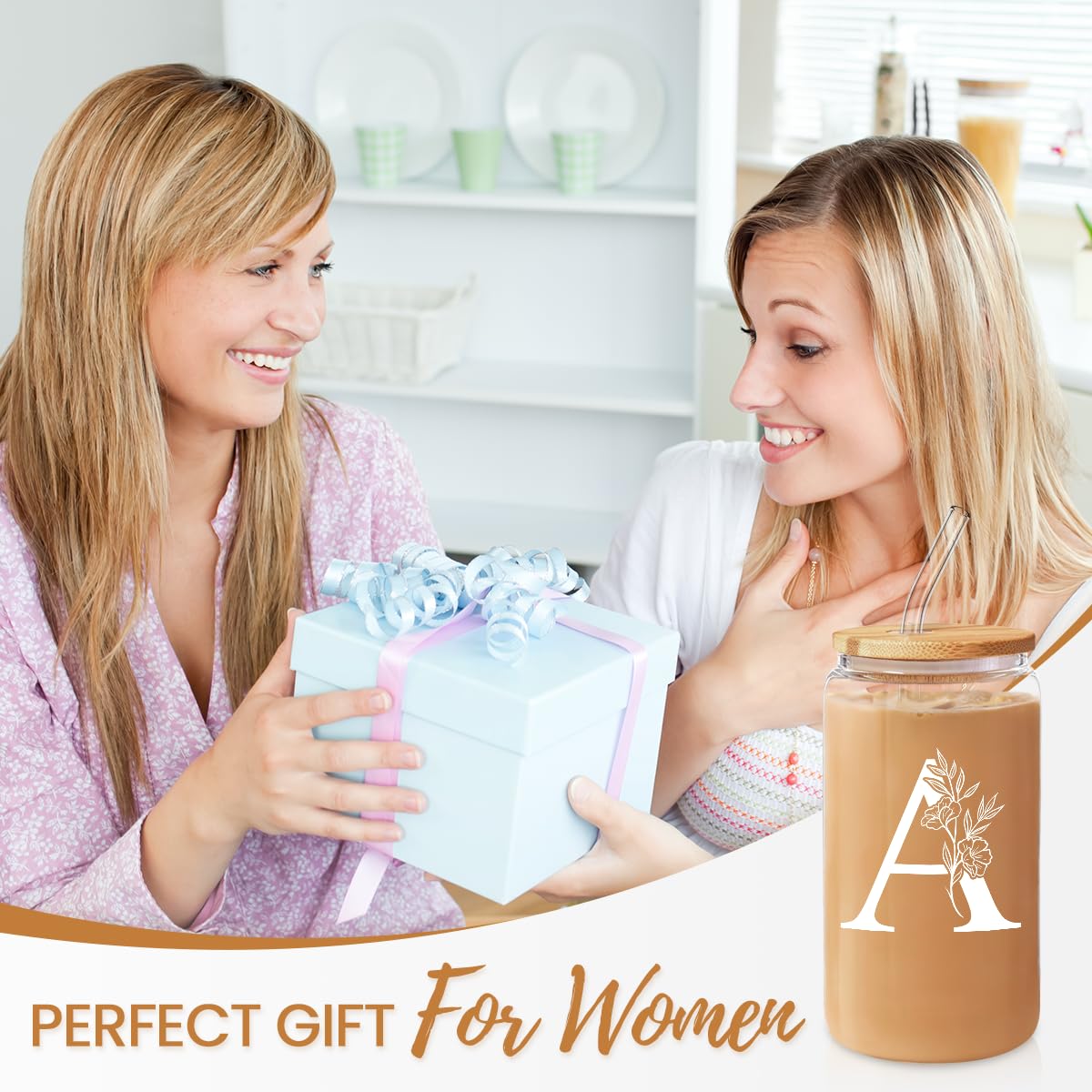 SANDJEST Monogrammed Gifts for Women - Monogram D Initial Glass Cup 16 Oz Can Coffee Cups with Lid and Straw - Monogram Initials Gifts for Womens on Birthday