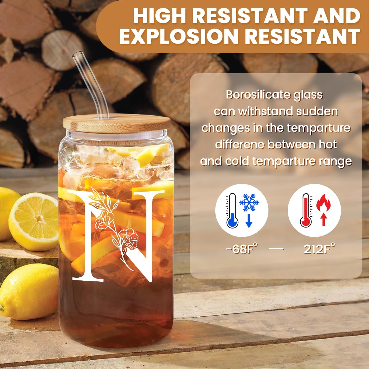 SANDJEST Monogrammed Gifts for Women - Monogram D Initial Glass Cup 16 Oz Can Coffee Cups with Lid and Straw - Monogram Initials Gifts for Womens on Birthday