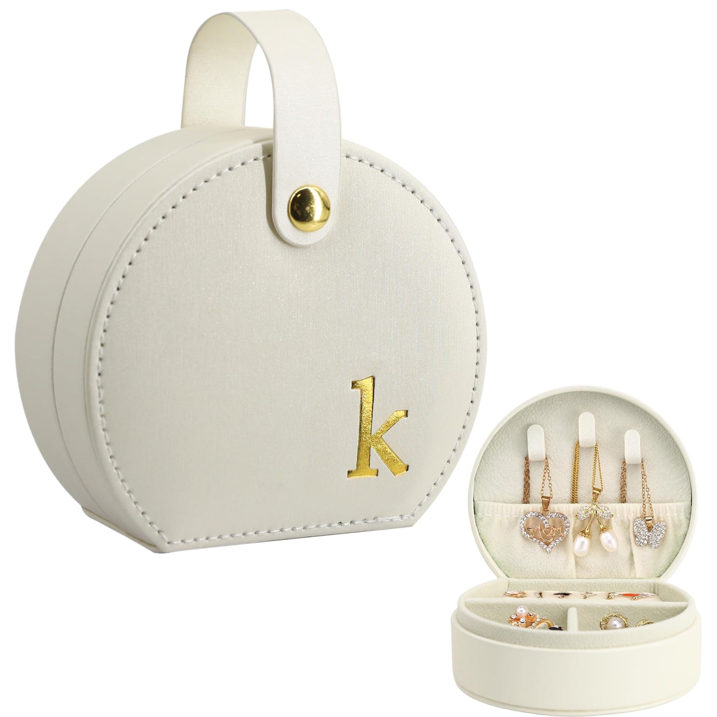 COLLECTIVE HOME - Travel Jewelry Case, Elegant Half-Moon Design with Gold Monogram, Detachable Handle, Personalized Accessory Organizer, Gift for Fashion-Forward Women and Teens (s)