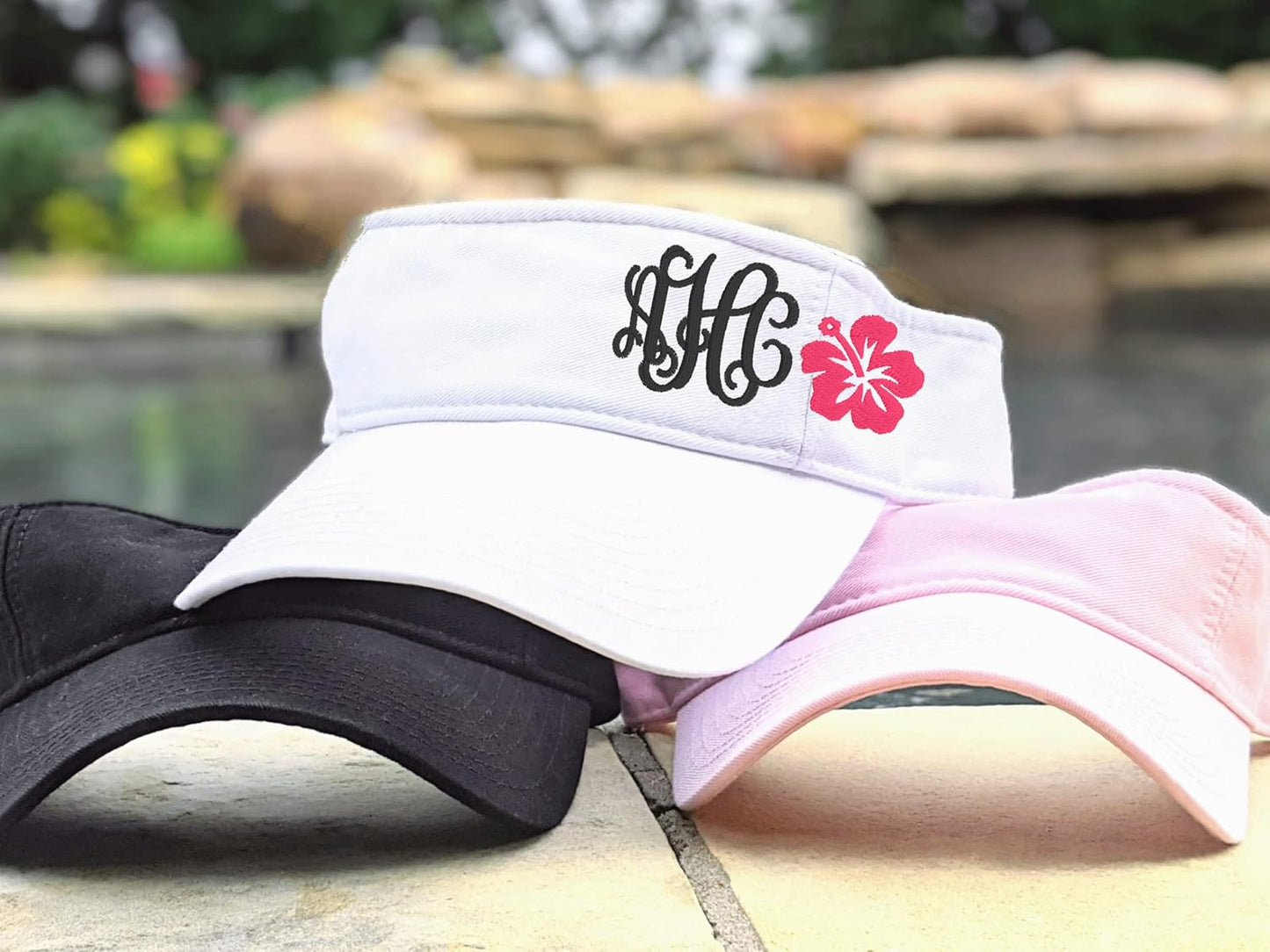 Women's Custom Monogrammed Hibiscus Flower Initials Visor, Embroidered Handmade Adjustable, Distressed or Non-Distressed, Beach Cruise Maui Florida Hawaii, Gift for Her Wife Friend Sister Mom